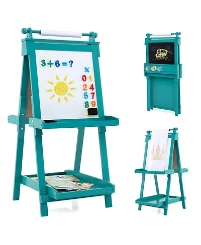 Costway Foldable Easel for Kids 3-in-1 Double-sided Art with Chalkboard
