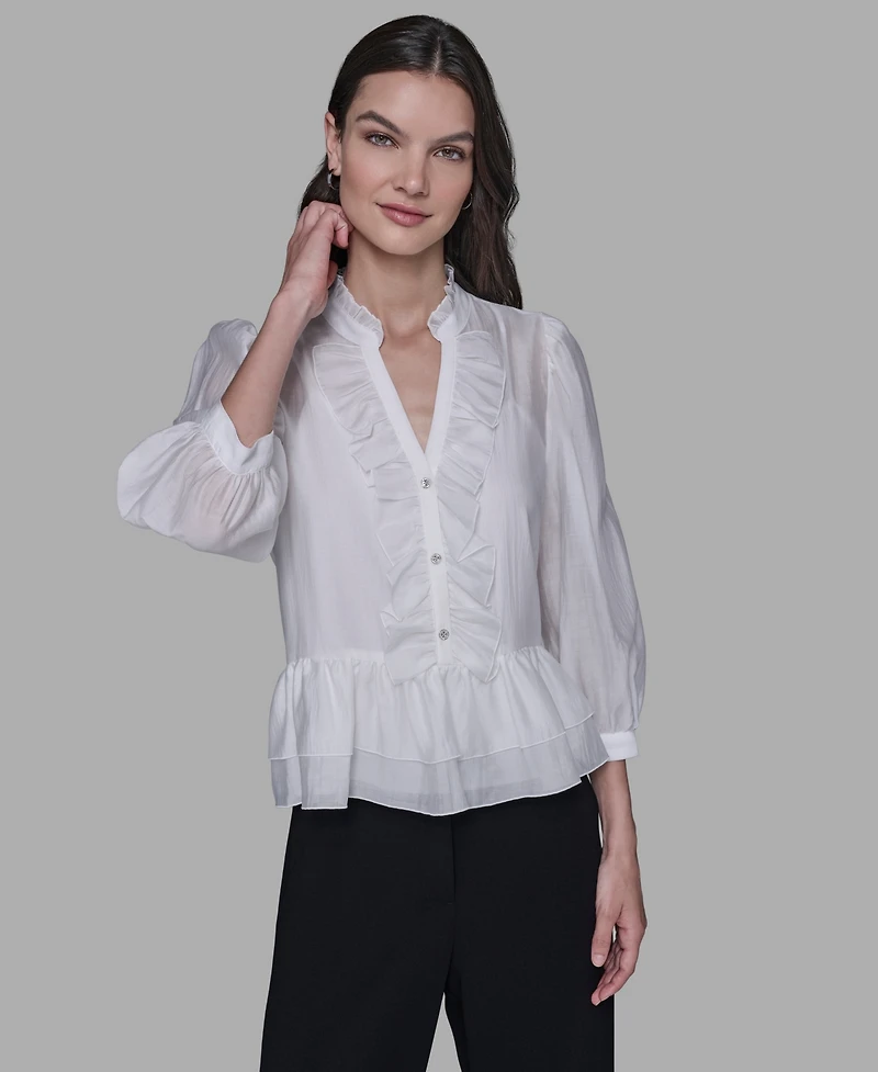 Karl Lagerfeld Paris Women's V-Neck Ruffle Detail Top