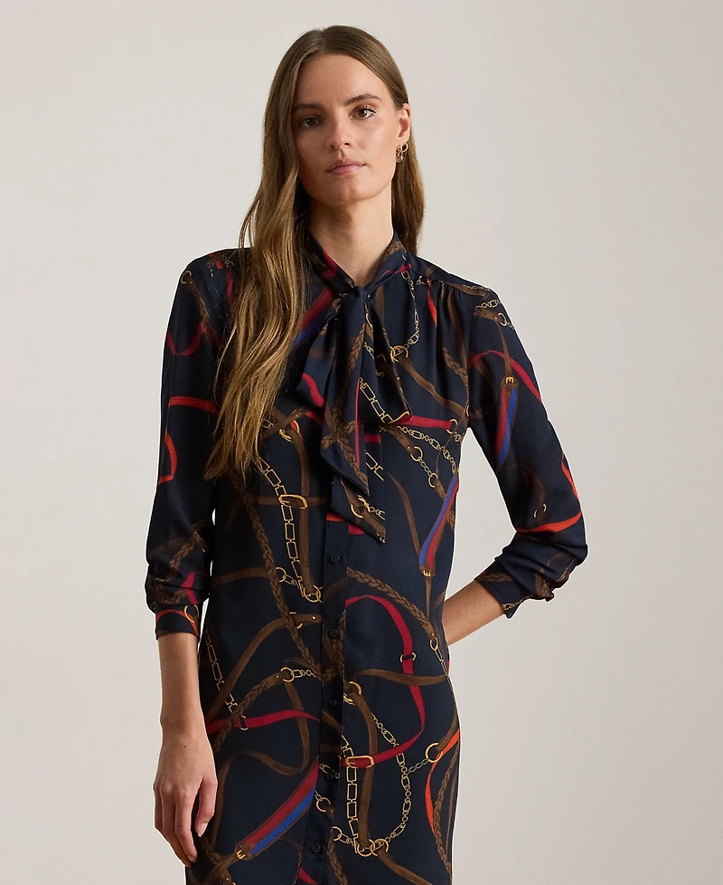 Lauren Ralph Petite Print Georgette Tie-Neck Shirtdress
