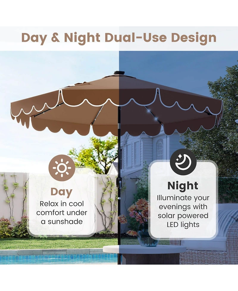 9.3 Ft Solar Patio Umbrella Outdoor Market Sunshade with 24 Led Lights Ruffles