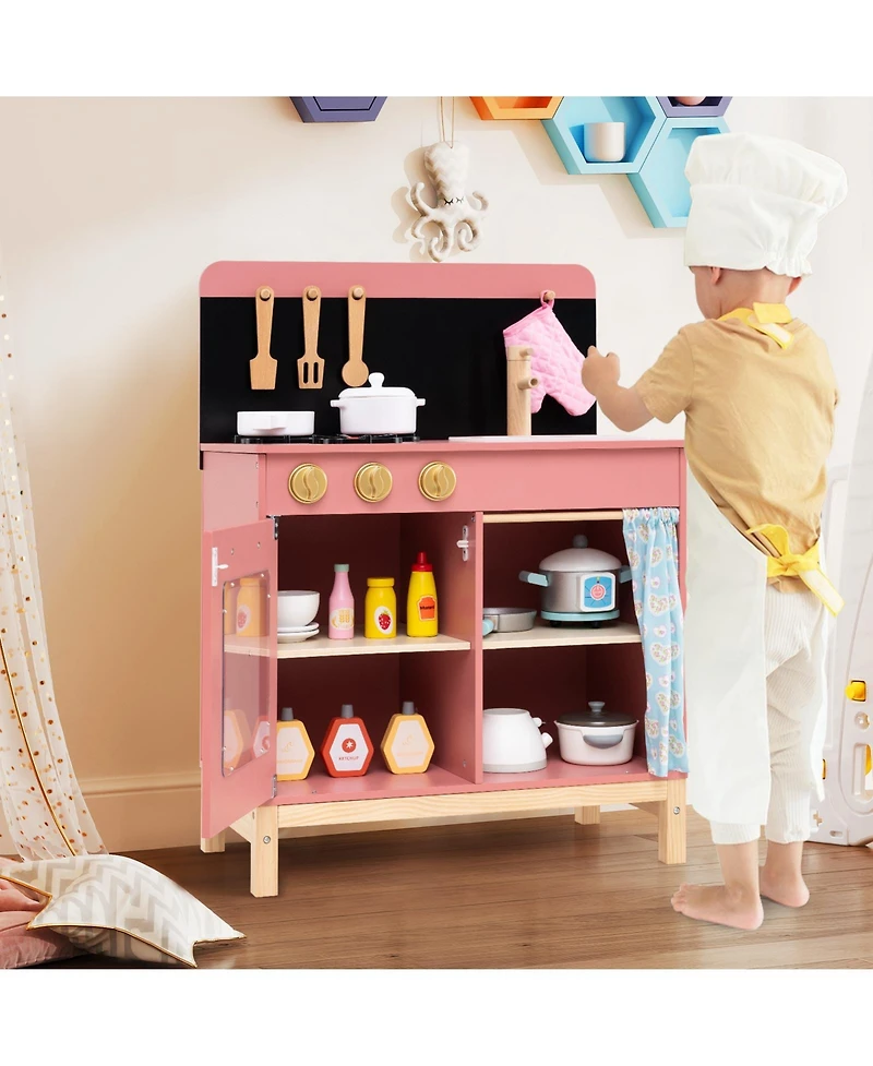 Gymax Play Kitchen for Kids w/ Door Curtain Stoves Sink & Oven Cookware Accessories