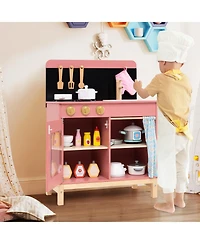 Gymax Play Kitchen for Kids w/ Door Curtain Stoves Sink & Oven Cookware Accessories
