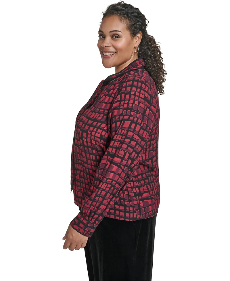 Calvin Klein Plus Printed Long Sleeves Tie Neck Top
