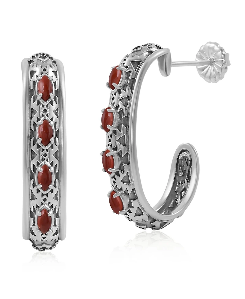 American West Jewelry Sterling Silver Red Jasper Patterned J-Hoop 1 Inch Earrings