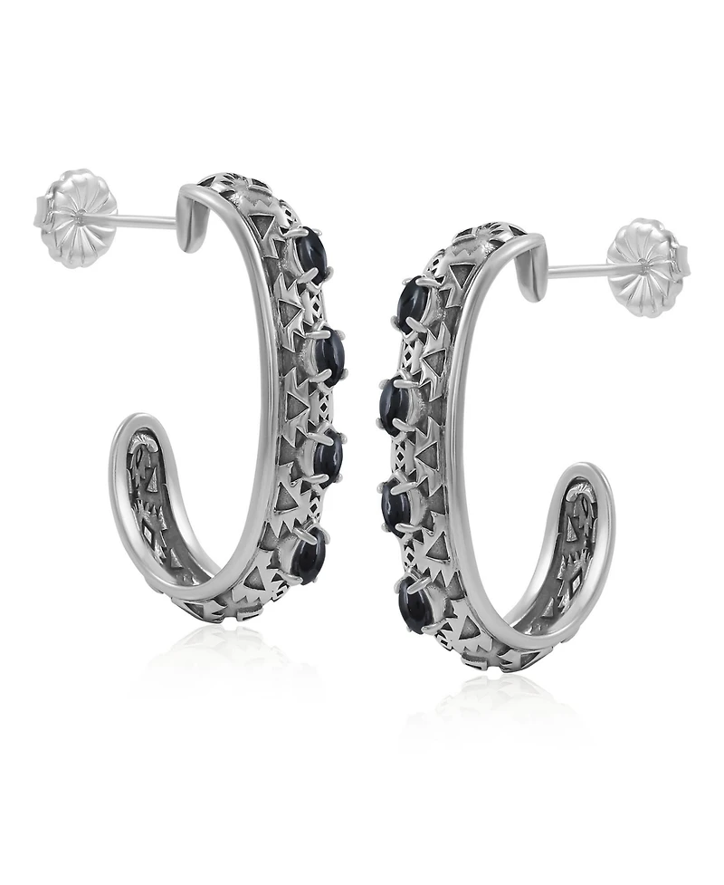 American West Jewelry Sterling Silver Black Onyx Patterned J-Hoop 1 Inch Earrings