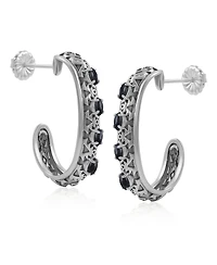 American West Jewelry Sterling Silver Black Onyx Patterned J-Hoop 1 Inch Earrings