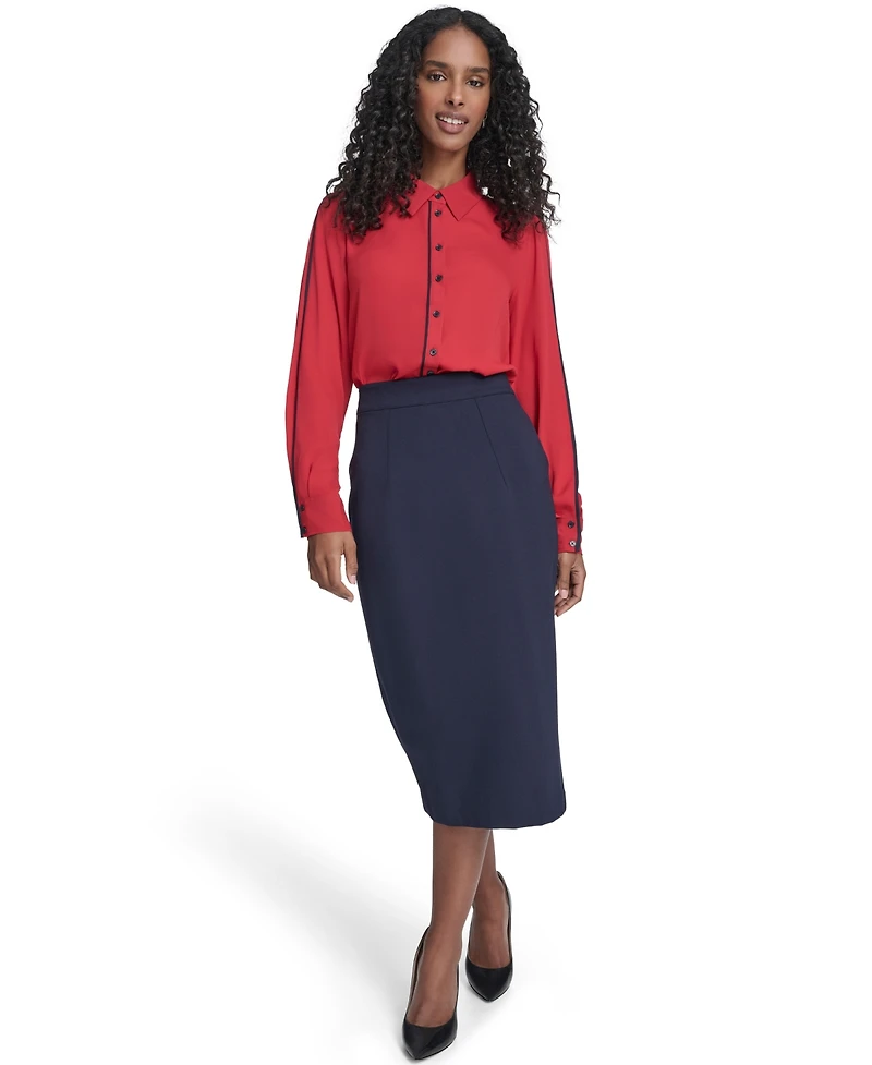 Tommy Hilfiger Women's Long Sleeve Contrast Trim Button-Up Blouse