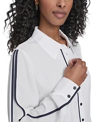 Tommy Hilfiger Women's Long Sleeve Contrast Trim Button-Up Blouse