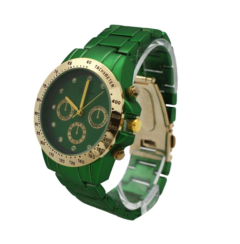 Green Solid Color Metal Three Dial Women Watch