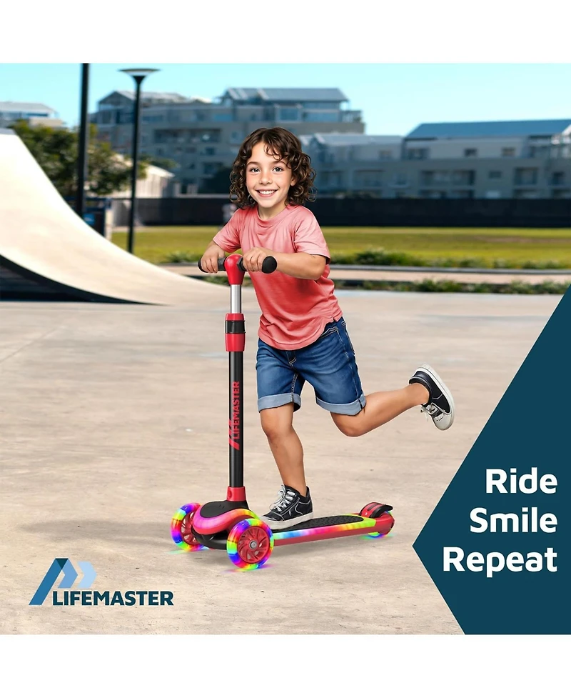 Lifemaster 3-Wheel Kids Scooter with Multi-Color Lights on Deck & Wheels – 5-Height Adjustable Handlebar, Wide Anti-Slip Deck, Child Safety Certified,