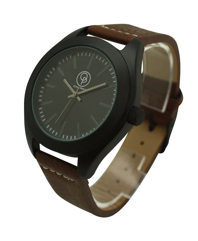 Olivia Pratt Dark Brown Black Minimalist Faux Leather Band Men Watch