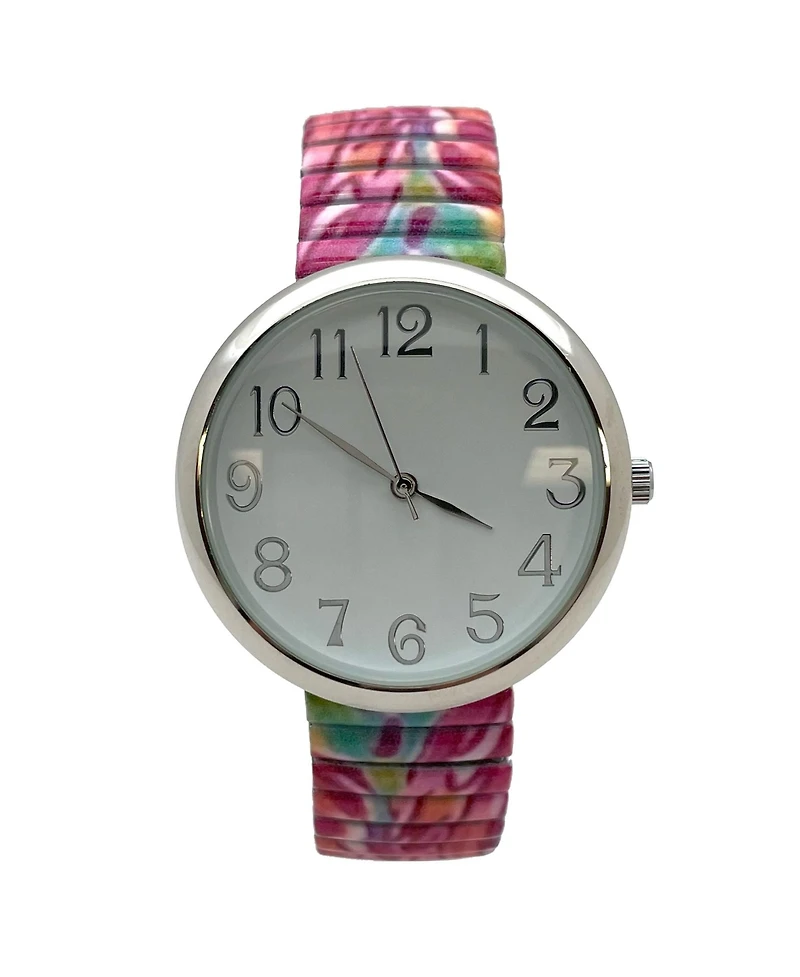 Olivia Pratt Mix Pink Big Dial Easy Reader Watch Printed Elastic Stretch Band Wristwatch Women Watch