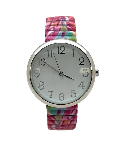 Olivia Pratt Mix Pink Big Dial Easy Reader Watch Printed Elastic Stretch Band Wristwatch Women Watch