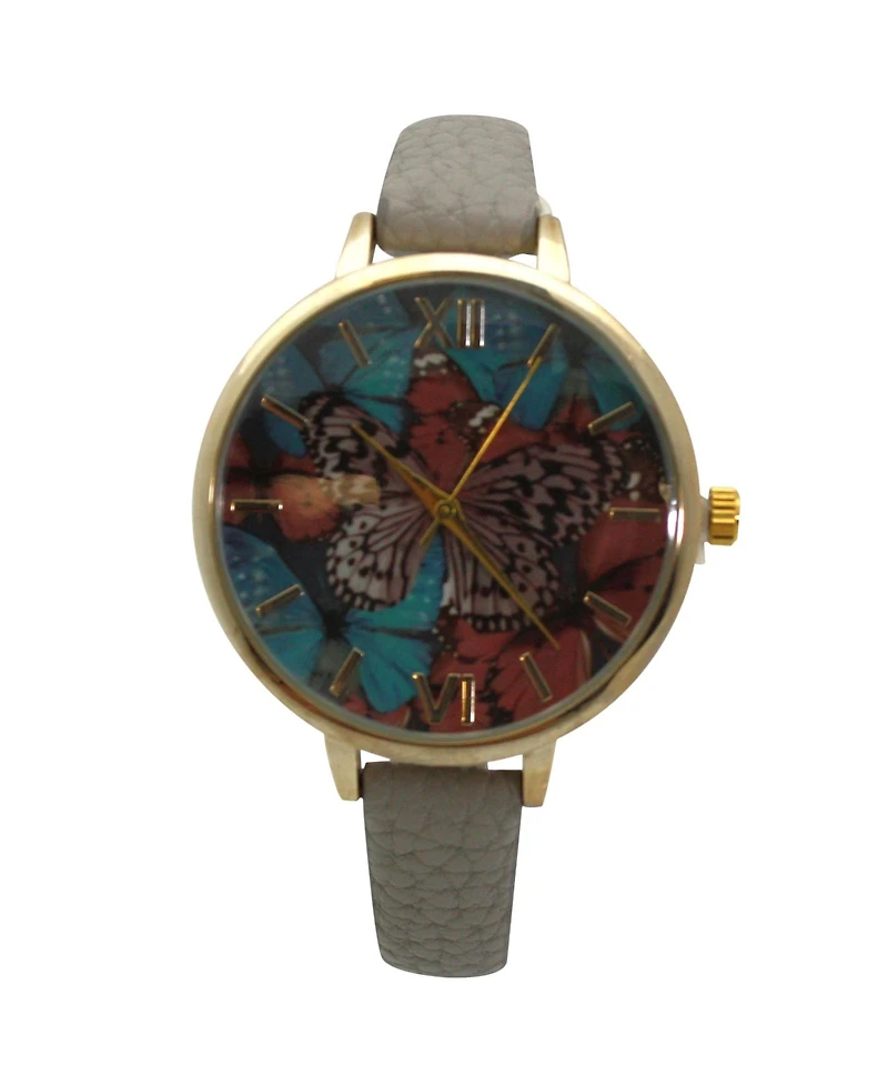 Olivia Pratt Gray Faux Leather Butterflies Dial Women Watch