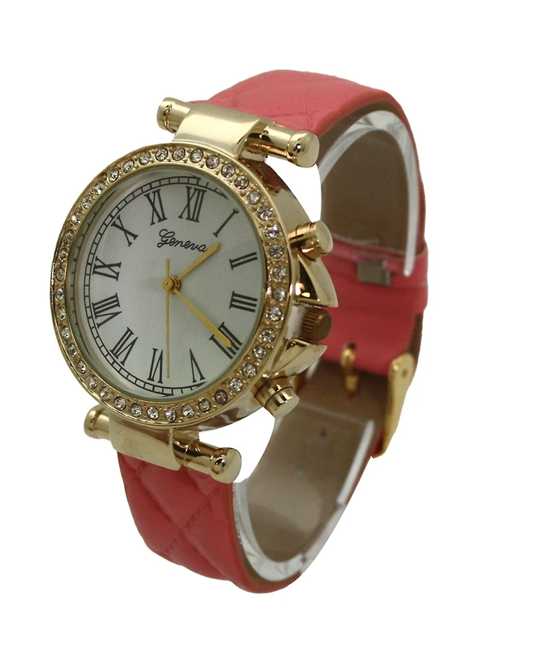 Olivia Pratt Hot Pink Quilted and Gold Detail Leather Strap Watch
