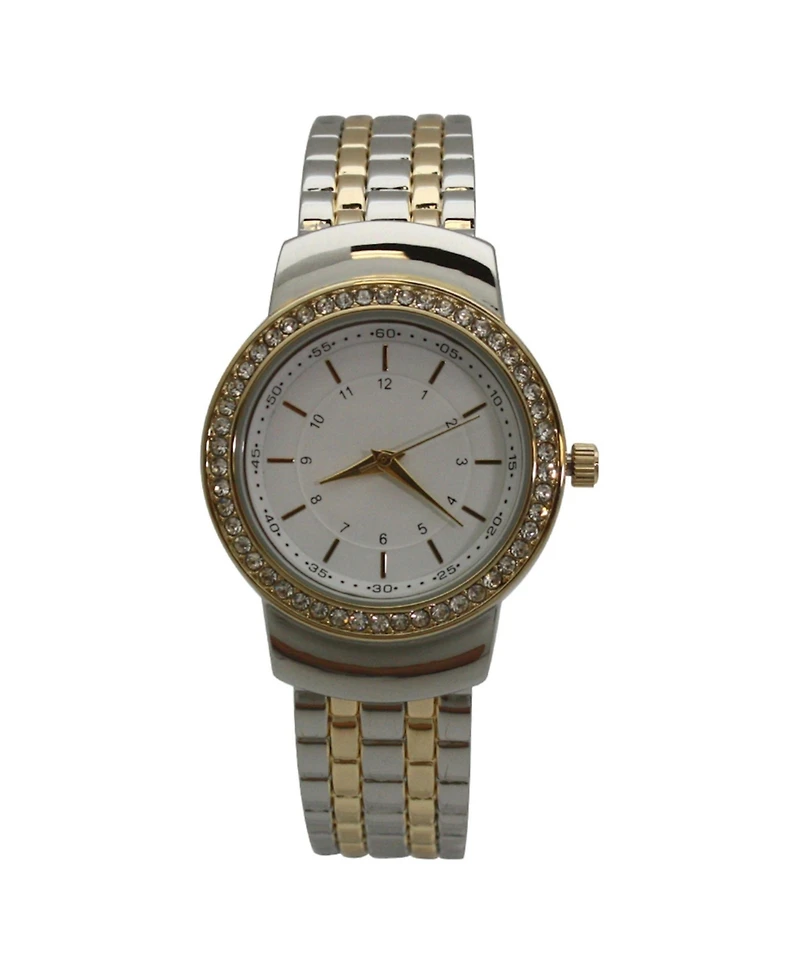 Two Tone Textured And Rhinestone Detal Bangle Watch