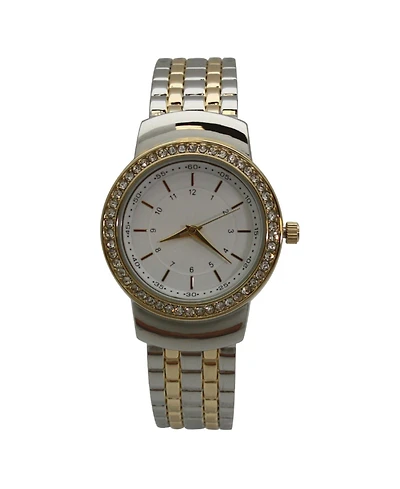 Two Tone Textured And Rhinestone Detal Bangle Watch