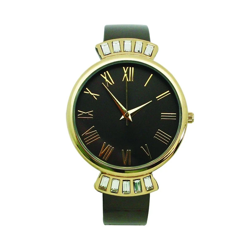 Gunmetal Gold Olivia Pratt Elegant Emerald Rhinestone Solid Metal Bangle Watch