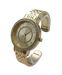 Olivia Pratt Gold Round Face Rhinestone Bezel Textured Bangle Women Watch