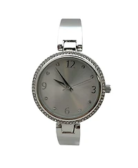 Olivia Pratt Silver Round Face Rhinestone Bezel Soft Bangle Women Watch