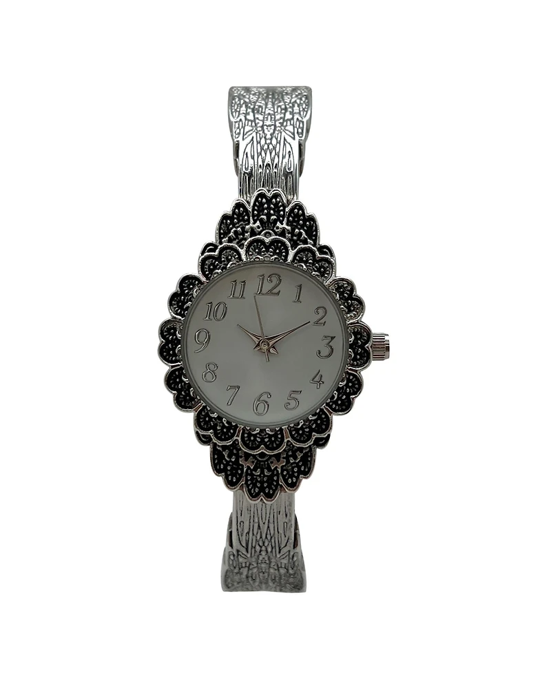 Olivia Pratt Silver Elegant Flower Detailed Face Bangle Women Watch