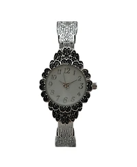 Olivia Pratt Silver Elegant Flower Detailed Face Bangle Women Watch