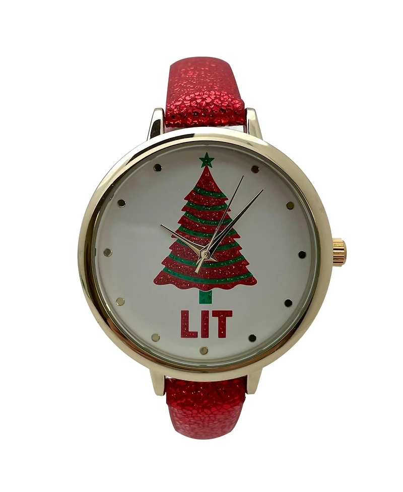 Olivia Pratt Shiny Red Faux Leather Christmas Themed Women Watches