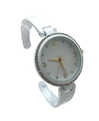 Olivia Pratt White Round Face Rhinestone Bezel Soft Bangle Women Watch