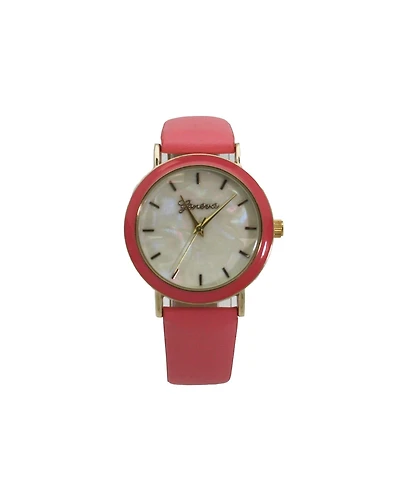Olivia Pratt Bubble Pink Colored Case Pearl Dial Leather Strap Watch