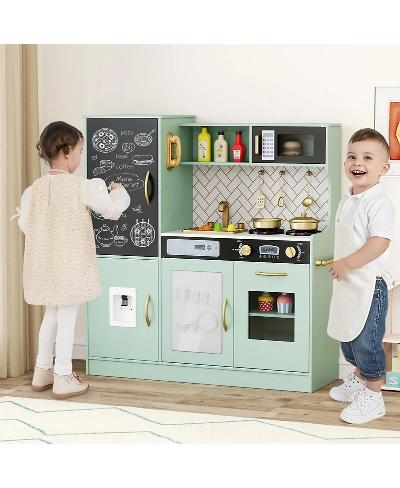Gymax Play Kitchen Toy Set w/ Chalkboard Oven Sink Curtain Microwave Water Dispenser