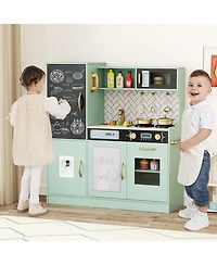 Gymax Play Kitchen Toy Set w/ Chalkboard Oven Sink Curtain Microwave Water Dispenser