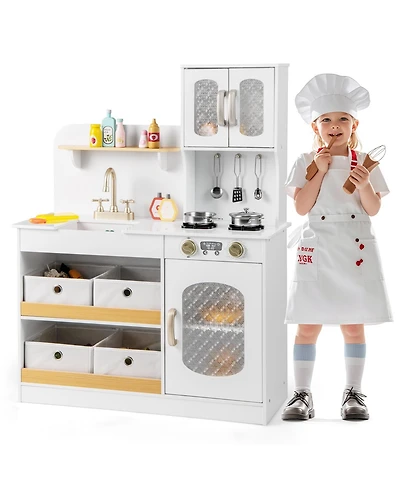 Gymax Kids Kitchen Playset Toy Play Kitchen w/ 4 Fabric Drawers Stoves Oven & Faucet