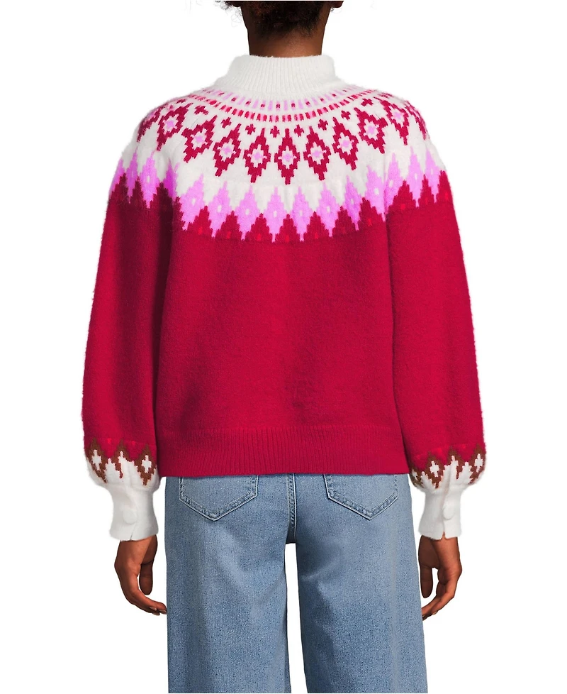 Lands' End Women's Fuzzy Turtleneck Lantern Sleeve Jacquard Sweater