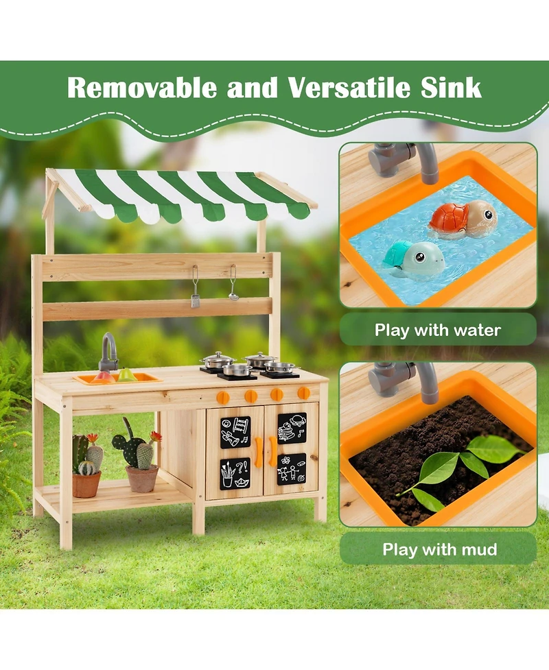 Gymax Kids Mud Kitchen Outdoor Wooden Pretend Play Kitchen w/ 4 Stoves, Canopy Faucet