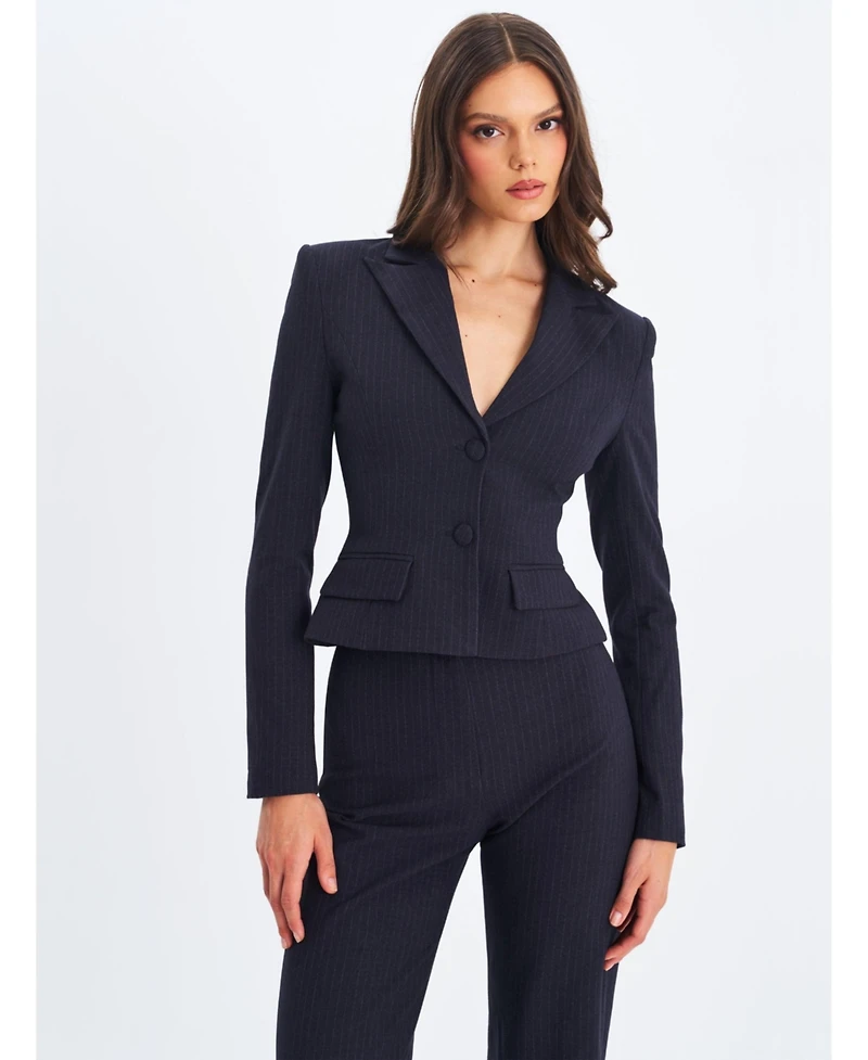 Miss Circle Women's Quinne Navy Striped Single-Breasted Peplum Blazer