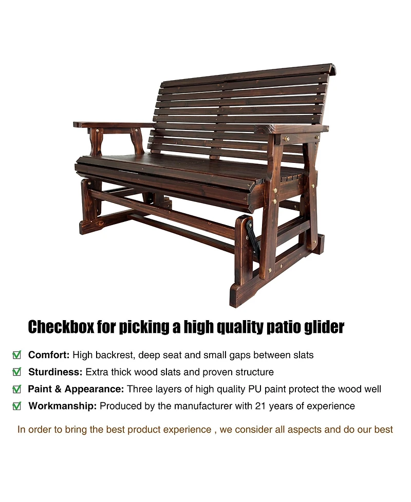 Mega Casa Wooden Patio Glider with High Roll Back and Deep Contoured Seat, Solid Fir Wood, 2-Seater, Heavy Duty 800 Lbs, 4 Feet (Deep Brown)