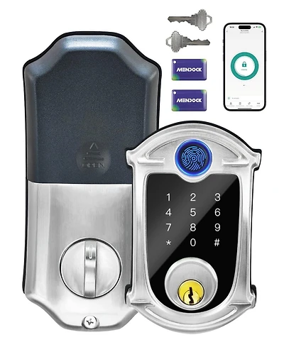Keyless-Entry Deadbolt Smart Lock with Fingerprint, Keypad, Key Fob, Smartphone Bluetooth Control, Auto-Lock, IP56 Waterproof, Satin Nickel