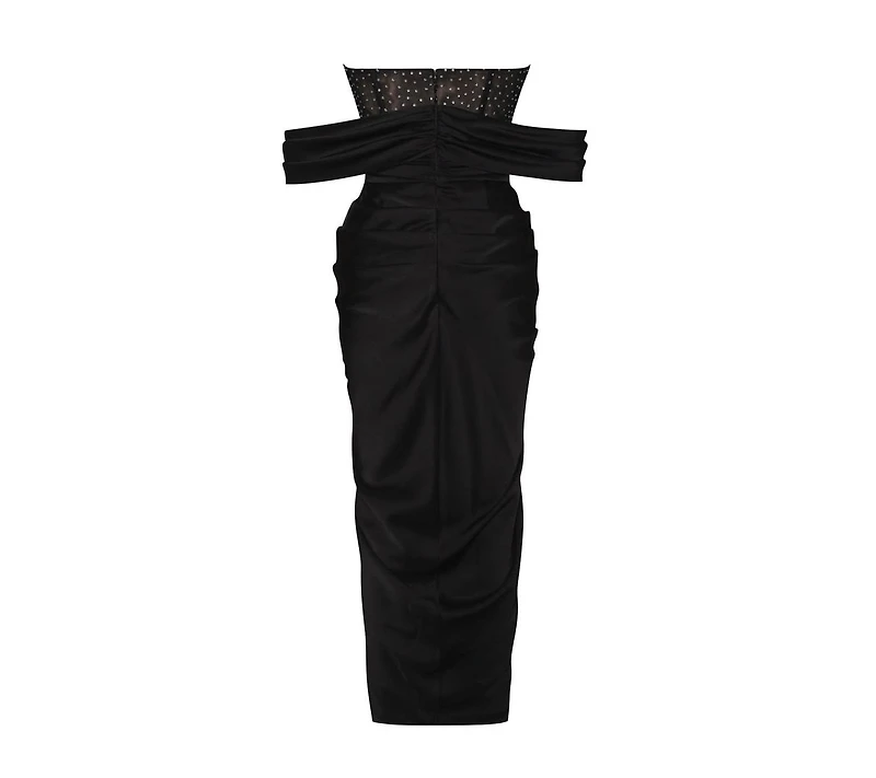 Miss Circle Women's Stella Black Off Shoulder Crystal Corset Satin Gown