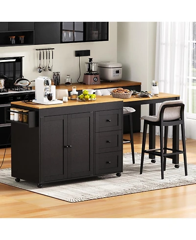 Streamdale Kitchen Island w/ Extendable Table, 3 Drawers, Outlet, Wheels, Spice Rack - Black