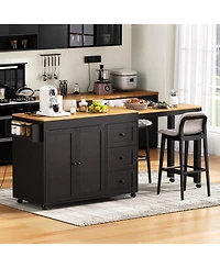 Streamdale Kitchen Island w/ Extendable Table, 3 Drawers, Outlet, Wheels, Spice Rack - Black