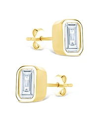 Sterling Forever Silver Emerald Cut Bezel Set Stud Earrings