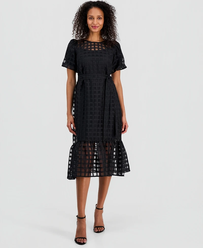 Robbie Bee Women's Bubble-Sleeve Belted Midi Dress