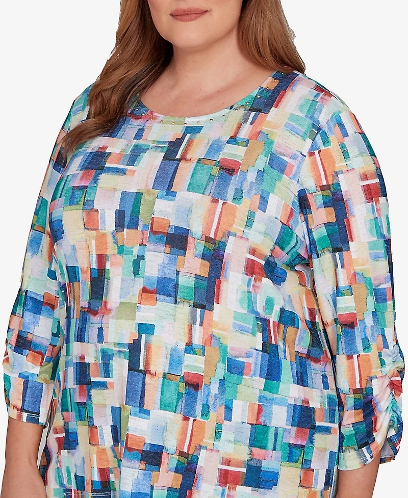 Alfred Dunner Plus Saratoga Springs Tile Print Colorblock Textured Top