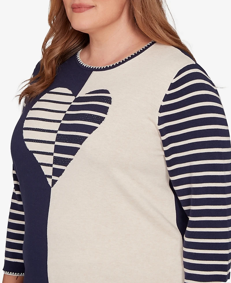 Alfred Dunner Plus Saratoga Springs Heart Motif Detail Striped Sweater