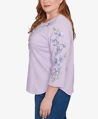 Alfred Dunner Plus Hilton Head Embroidered Sleeve Textured Top with Necklace