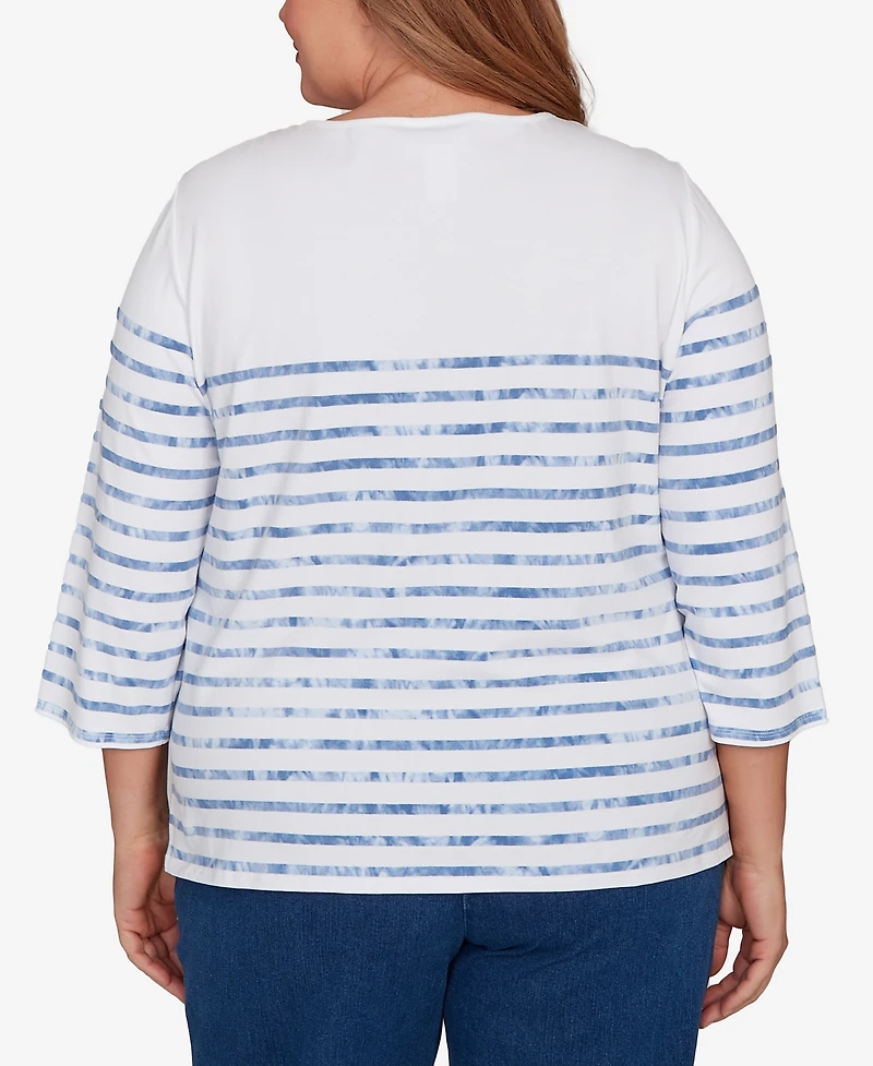 Alfred Dunner Plus Hilton Head Applique Flower Tie Dye Stripe Knit Top
