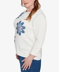 Alfred Dunner Plus Hilton Head Quilted Denim Applique Flower Sweater