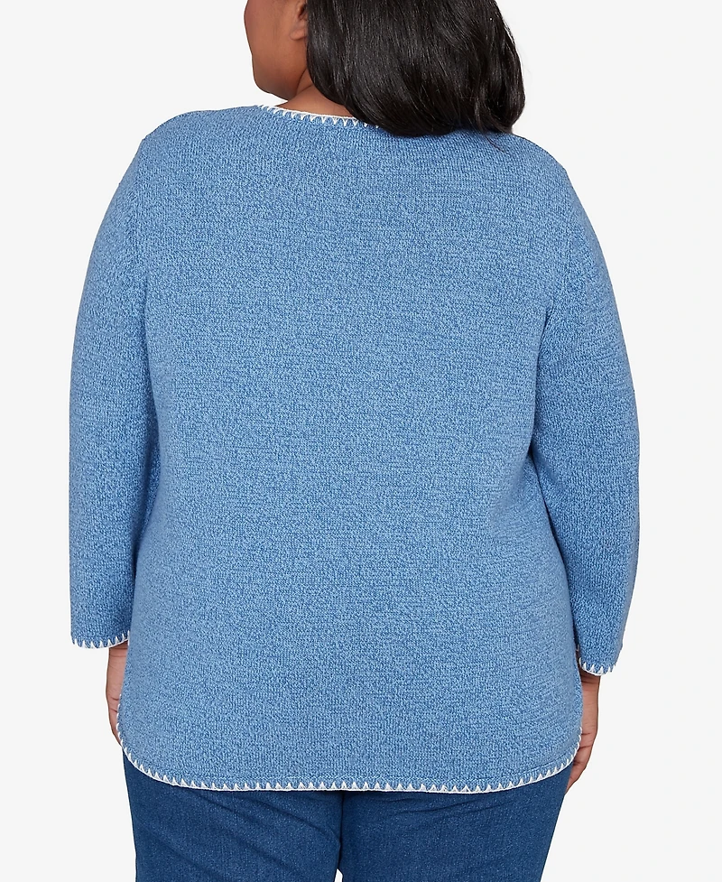 Alfred Dunner Plus Hilton Head Cross Stitched Floral Pullover Sweater