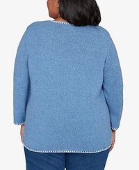 Alfred Dunner Plus Hilton Head Cross Stitched Floral Pullover Sweater