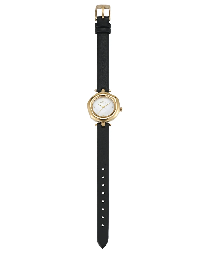 Ettika Open Circle Gold Plated Black Leather Watch, 70-110mm